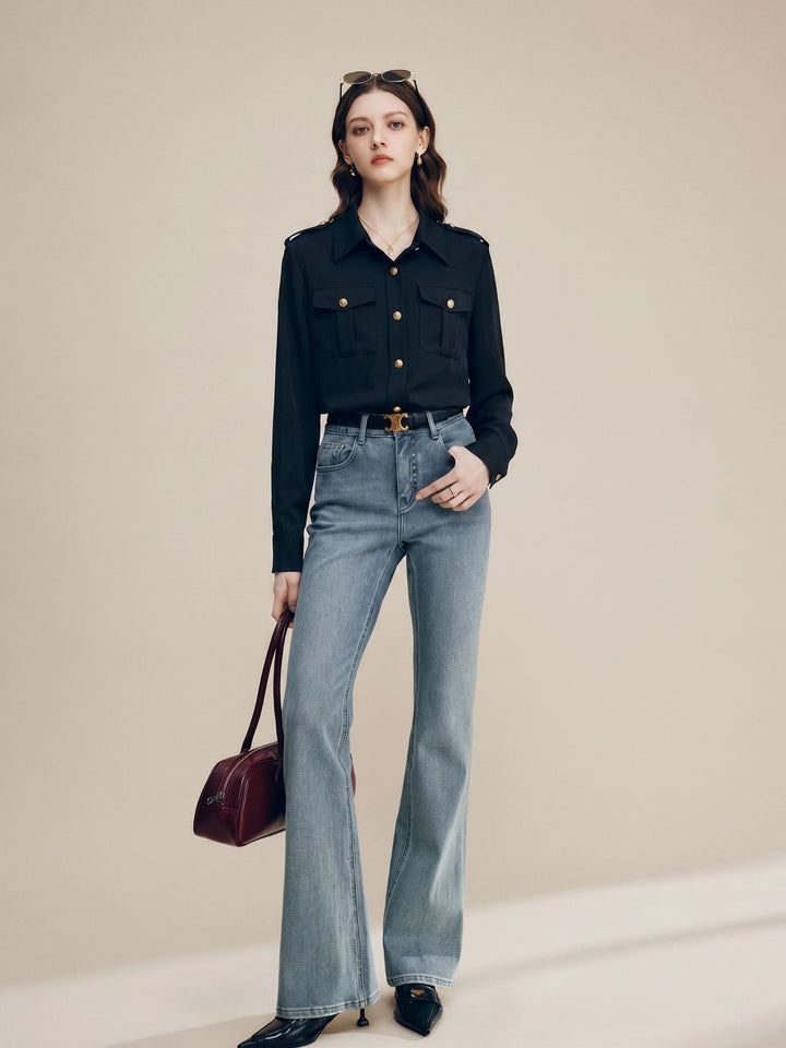 30 Momme Women’s Silk Crepe Utility Shirt with Flap Pockets
