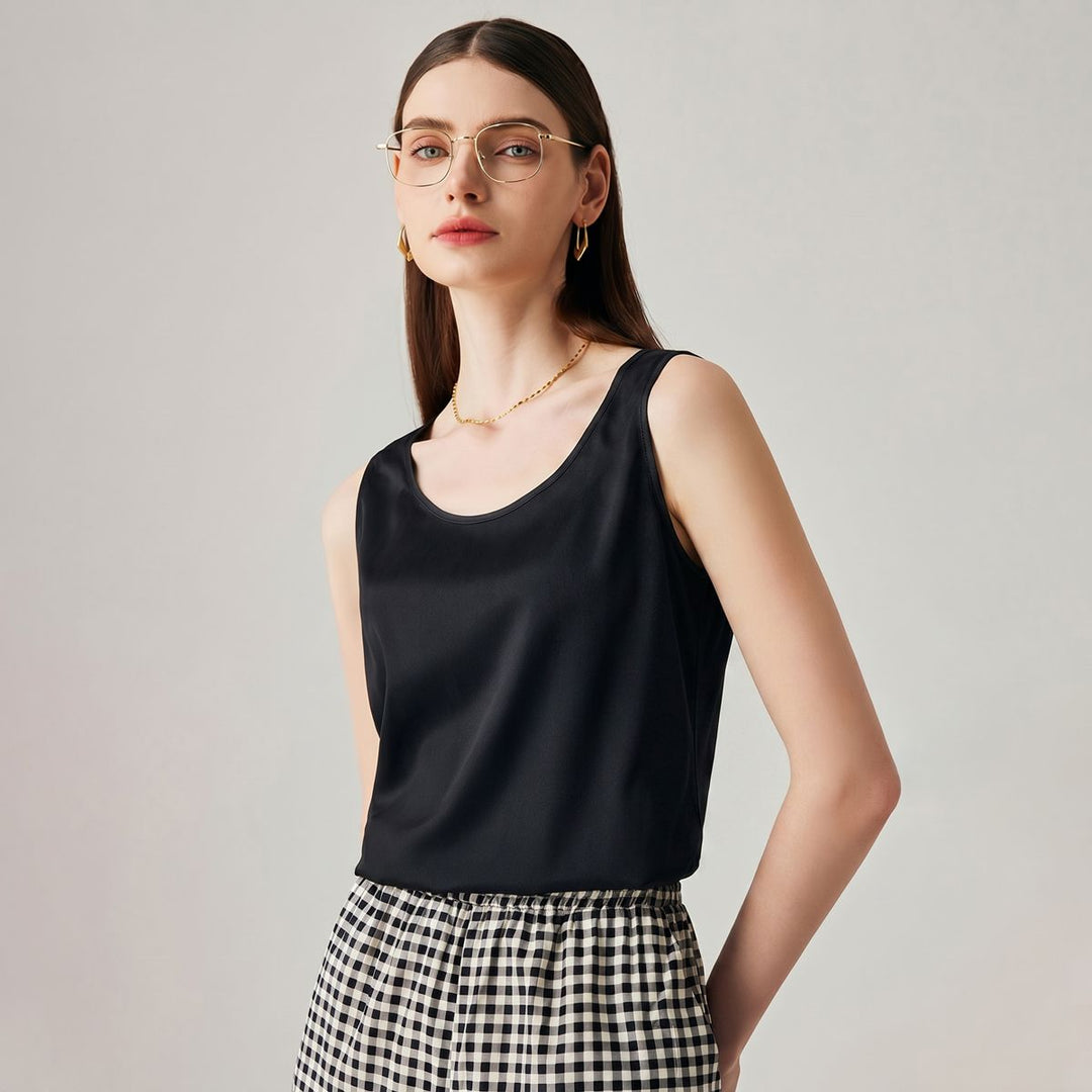 Pure Mulberry Silk Tank Top with Sheer Patchwork Hem Elegant Sleeveless Silk Shell Blouse