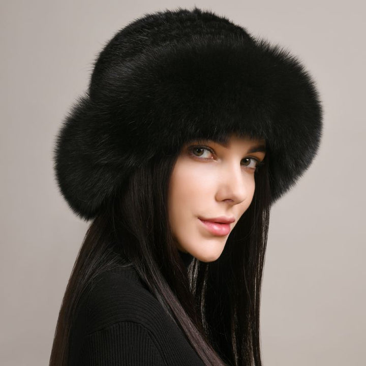 Luxury Mink Fur Hat for Women Full Fox Fur Brim Winter Bucket Hat