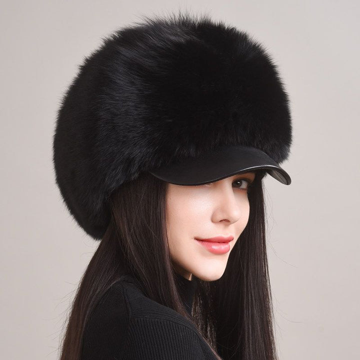 Luxury Real Fox Fur Hat with Leather Visor Elegant Winter Fur Cap for Women