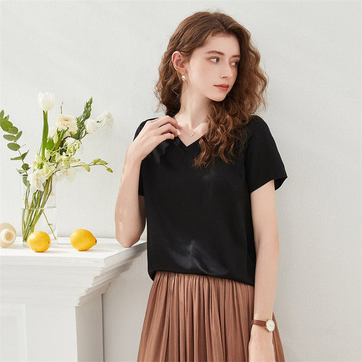 22 Momme Basic V-Neck Pure Mulberry Silk Short Sleeve T-Shirt