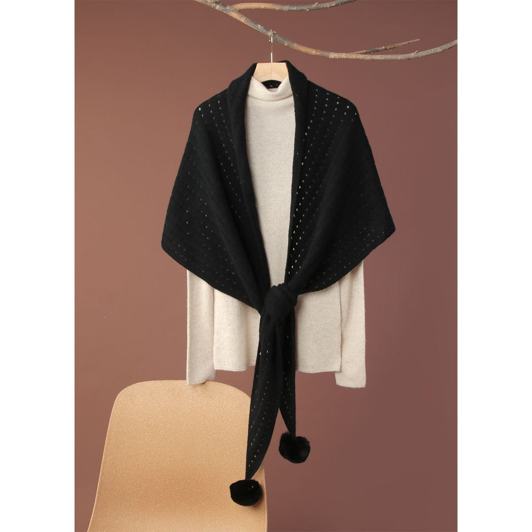 100% Pure Cashmere Pom-Pom Long Triangle Scarf Wrap