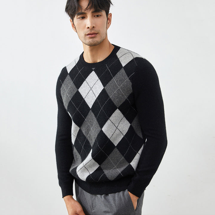 Men's Classic Argyle Knit 100% Cashmere Crewneck Pullover Sweater