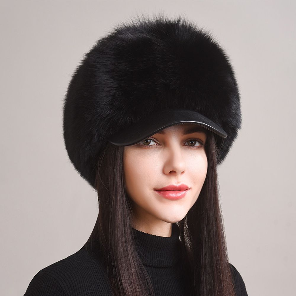 Luxury Real Fox Fur Hat with Leather Visor Elegant Winter Fur Cap for Women