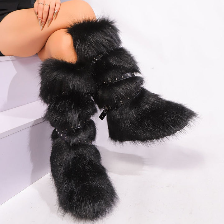 Womens Faux Fur Boot Winter Fluffy Long Furry Boots for Girls Outdoor Fuzzy Knee-High Sexy Snow Boots with Cross Straps and Buckle