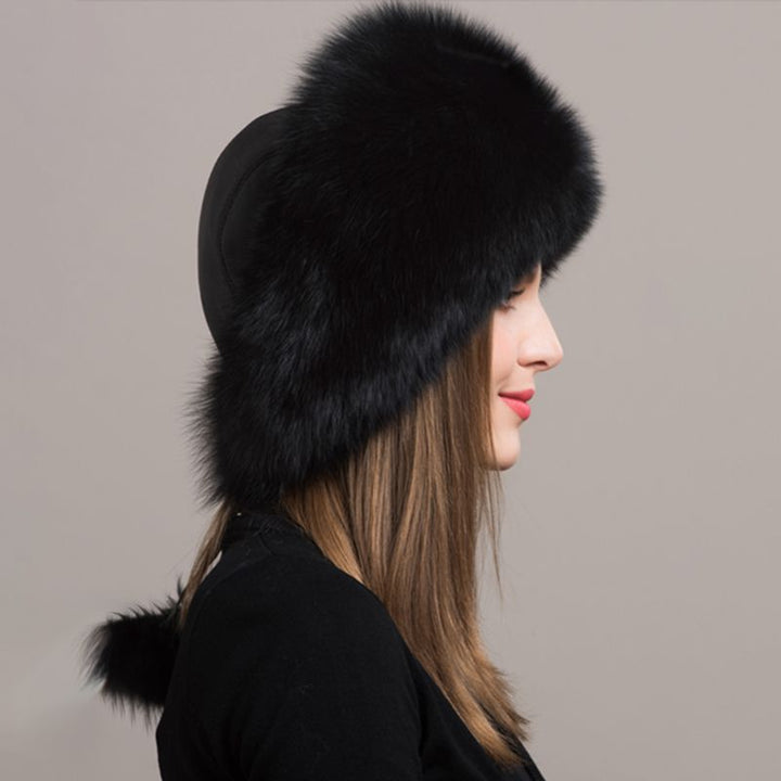 Women's Winter Fox Fur Roller Hat Sheepskin Pom Pom Fur Round Hat