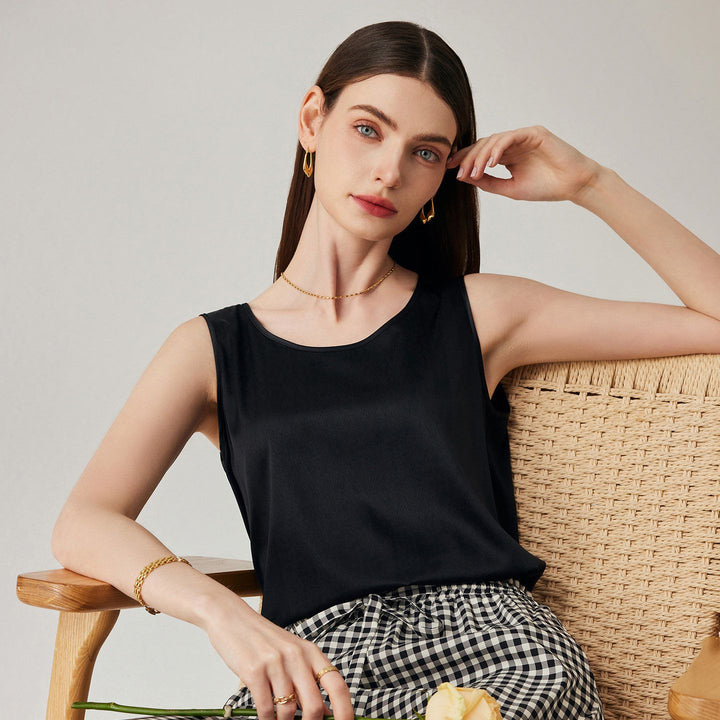 Pure Mulberry Silk Tank Top with Sheer Patchwork Hem Elegant Sleeveless Silk Shell Blouse