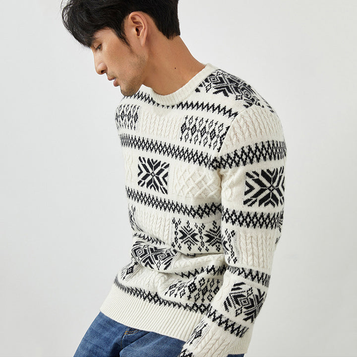 Men's Fair Isle Knit 100% Cashmere Sweater Black & White Patterned Crewneck Pullover