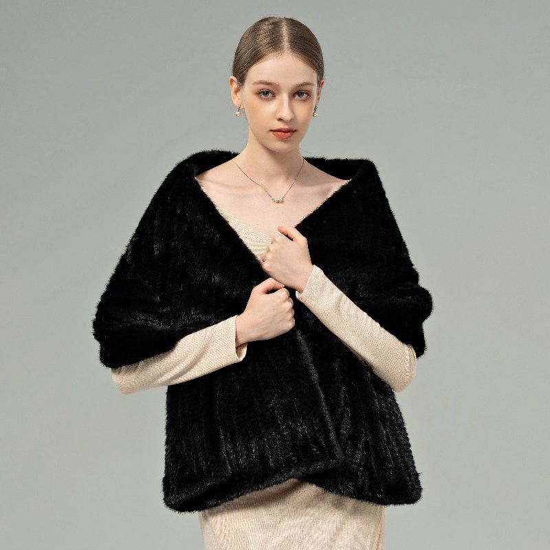 Women’s Real Mink Fur Shawl Genuine Knitted Mink Fur Wrap Stole Shoulder Cape