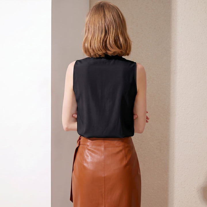 Women’s Sleeveless Draped V-Neck Mulberry Silk Blouse Top
