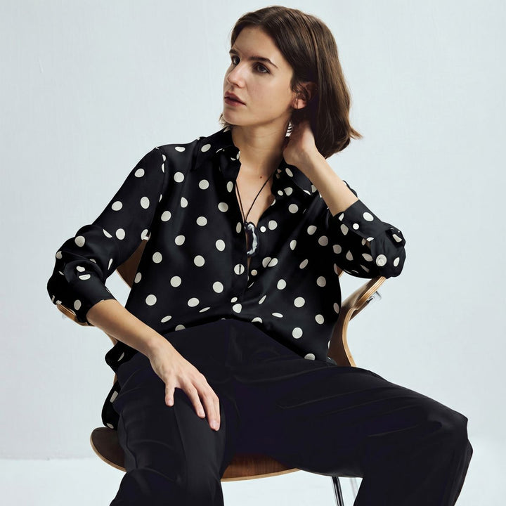 Women’s Polka Dots Printed Long Sleeve Button-Down Mulberry Silk Blouse Shirt