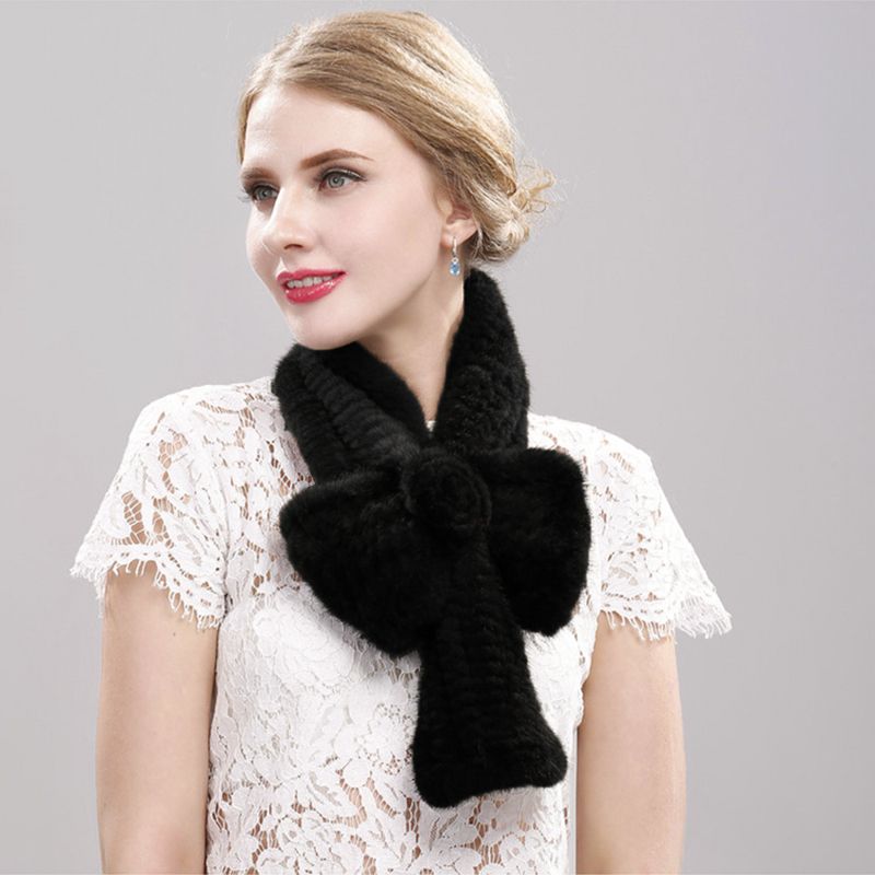 Luxury Real Mink Fur Scarf for Women Elegant Mink Fur Knitted Bow Flower Cross Neck Scarf