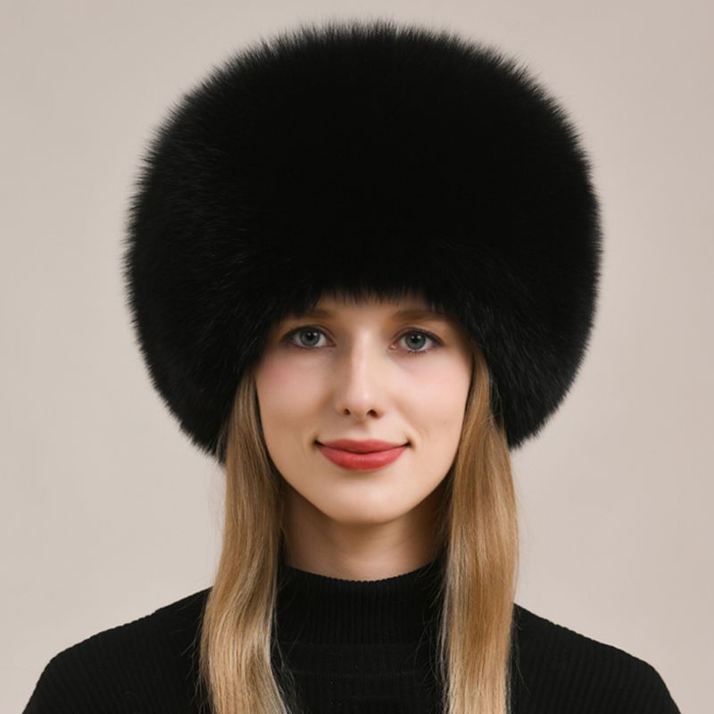 Womens Luxury Fox Fur Russian Hat Thickened Full-Pelt Winter Round Fur Hat