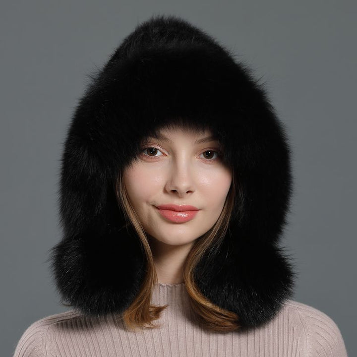 Luxury Real Mink Fur Hat with Fox Fur Trim Women Winter Knit Beanie with Pom-Pom Ear Flaps