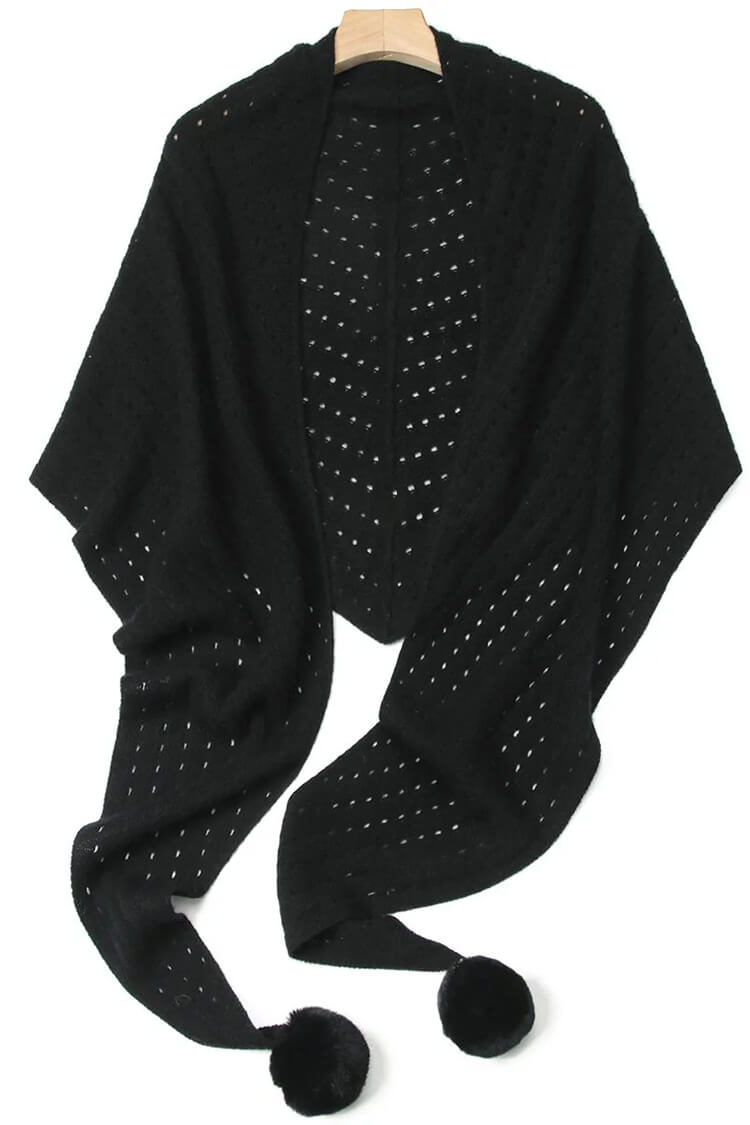 100% Pure Cashmere Pom-Pom Long Triangle Scarf Wrap