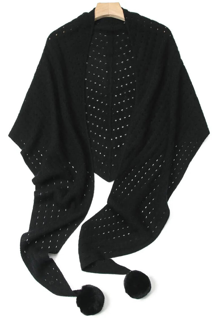 100% Pure Cashmere Pom-Pom Long Triangle Scarf Wrap
