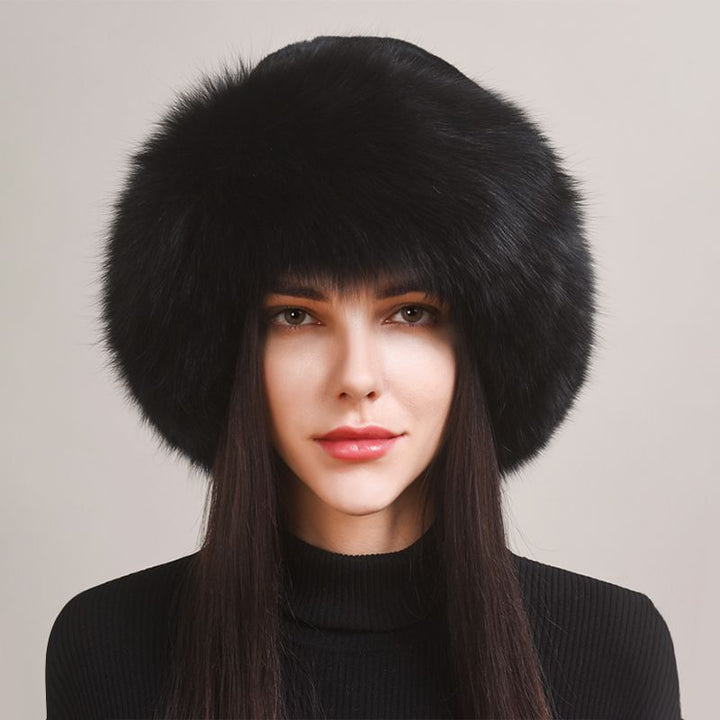 Rabbit Fur Hat with Full Fox Fur Brim Soft Winter Cold Wheather Bucket Hat for Women