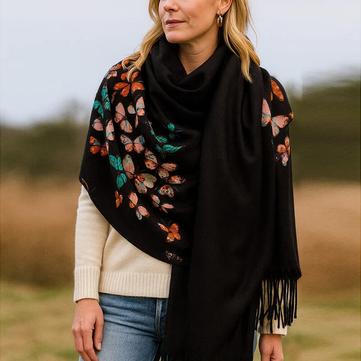 Women's 100% Cashmere Shawl Scarf with Colorful Butterfly Print and Fringes