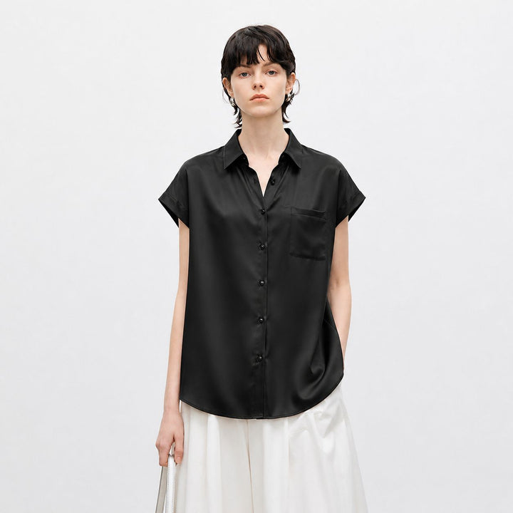 Relaxed Fit Luxury Mulberry Silk Cap Sleeve Shirt Blouse For Women