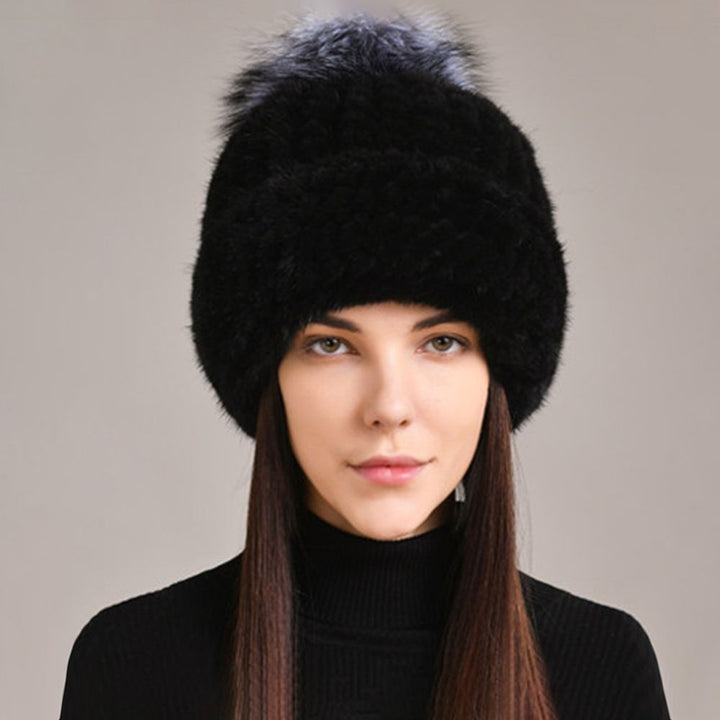 Luxury Real Mink Fur Beanie Hat with Fox Fur Pom-Pom Elegant Winter Knitted Hat for Women