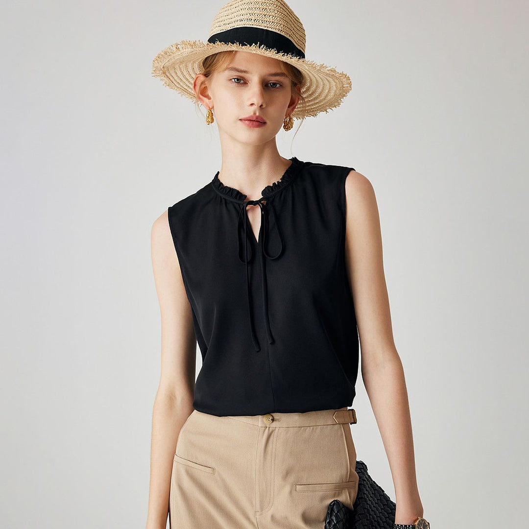 22 Momme Women’s Stand Collar Sleeveless Tie-Neck Silk Shirt