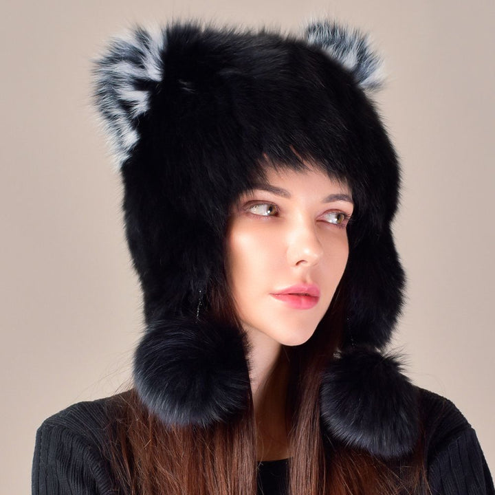 Cute Fox Ear Pom-Pom Fur Trapper Hat Luxury Winter Warm Snow Fur Hat for Cold Weather