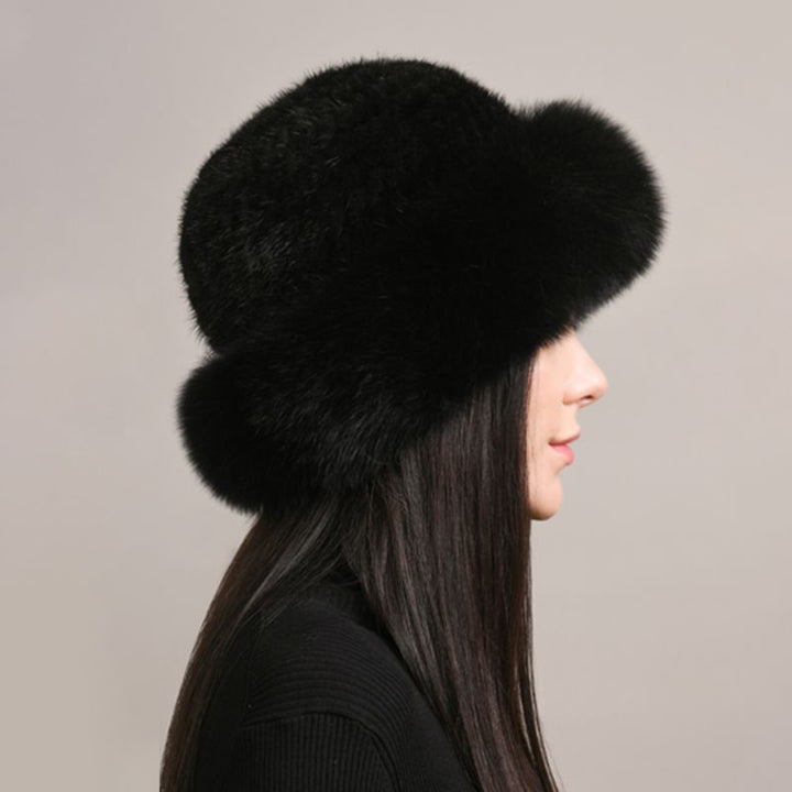 Luxury Mink Fur Hat for Women Full Fox Fur Brim Winter Bucket Hat