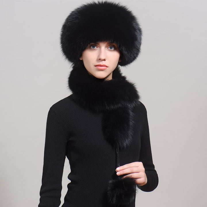 Luxury Winter Fox Fur Trapper Hat Women Pom Pom Fur Ushanka with Tail Scarf