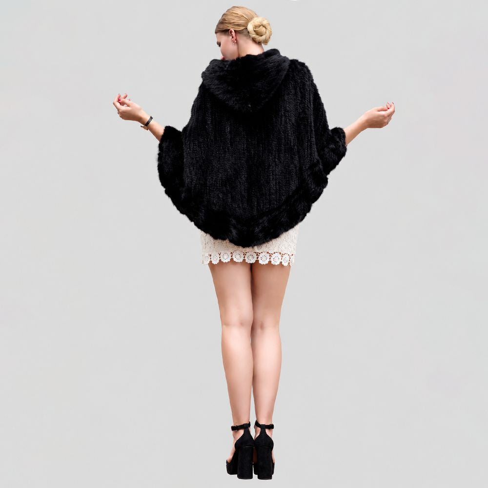 Genuine Mink Fur Zip Front Poncho with Hood Oversized Fur Cape Shawl Wrap
