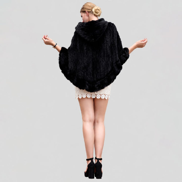Genuine Mink Fur Zip Front Poncho with Hood Oversized Fur Cape Shawl Wrap