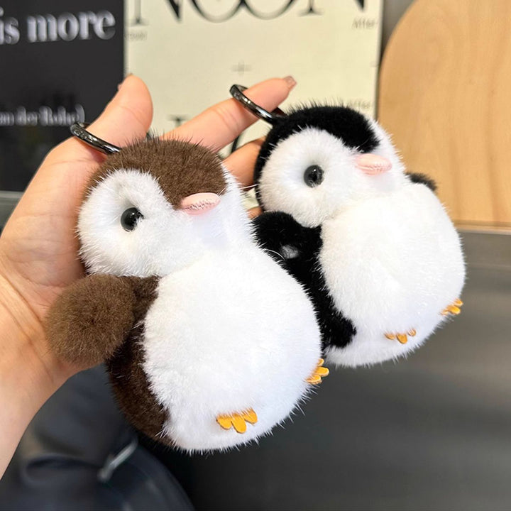 Luxury Real Mink Fur Penguin Keychain Premium Fluffy Animal Bag Charm Car Key Ring Accessory