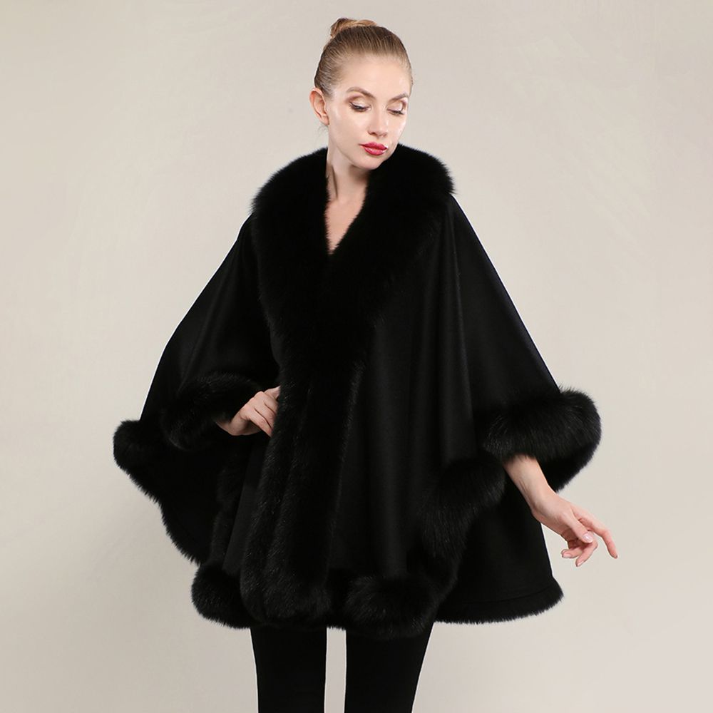 Women’s Oversized Cashmere Poncho Cape with Real Fox Fur Trim