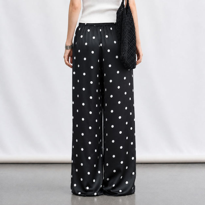 Polka-Dot Print Washable Mulberry Silk Wide-Leg Pants For Women