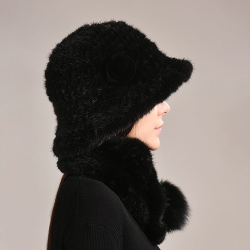 Luxury Mink Fur Hat and Scarf Set for Women Elegant Winter Bucket Hat with Matching Fur Neck Pom-Pom Warmer