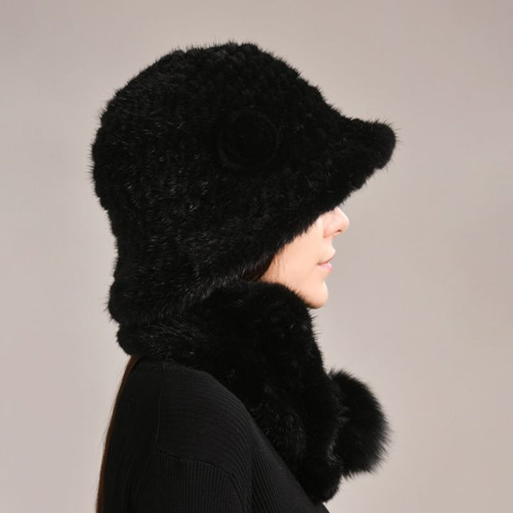 Luxury Mink Fur Hat and Scarf Set for Women Elegant Winter Bucket Hat with Matching Fur Neck Pom-Pom Warmer