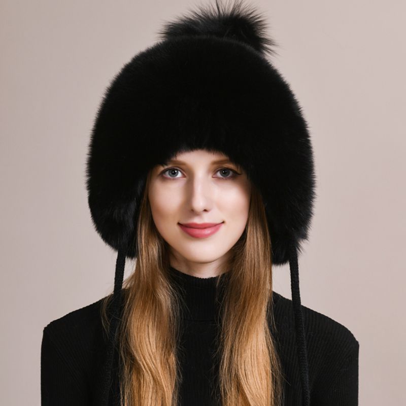 Luxury Real Fox Fur Pom Pom Hat Women Winter Knitted Trapper Hat with Full Fur Trim