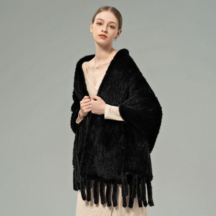 Genuine Mink Fur Shawl Wrap Elegant Fur Stole Cape Scarf with Fringe