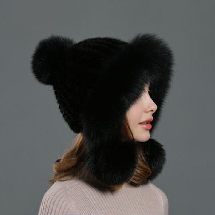 Luxury Real Mink Fur Hat with Fox Fur Trim Women Winter Knit Beanie with Pom-Pom Ear Flaps