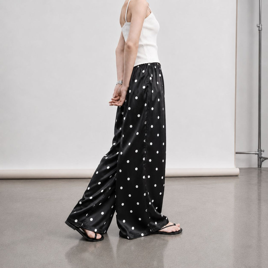 Polka-Dot Print Washable Mulberry Silk Wide-Leg Pants For Women