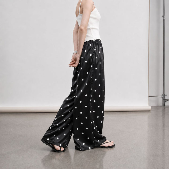 Polka-Dot Print Washable Mulberry Silk Wide-Leg Pants For Women