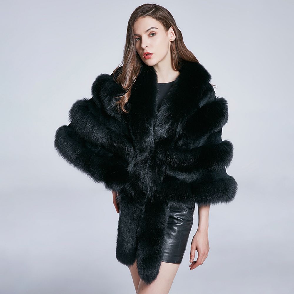 Women’s Real Fox Fur Shawl Wrap Cape Stole with Long Front Panels