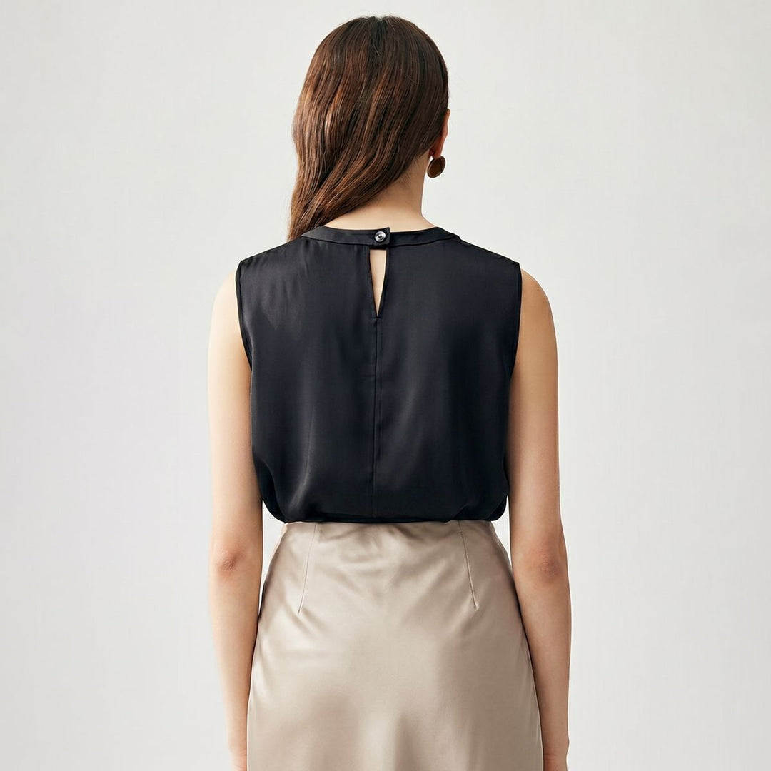 Round Keyhole Neck Sleeveless Mulberry Silk Tank Top for Women
