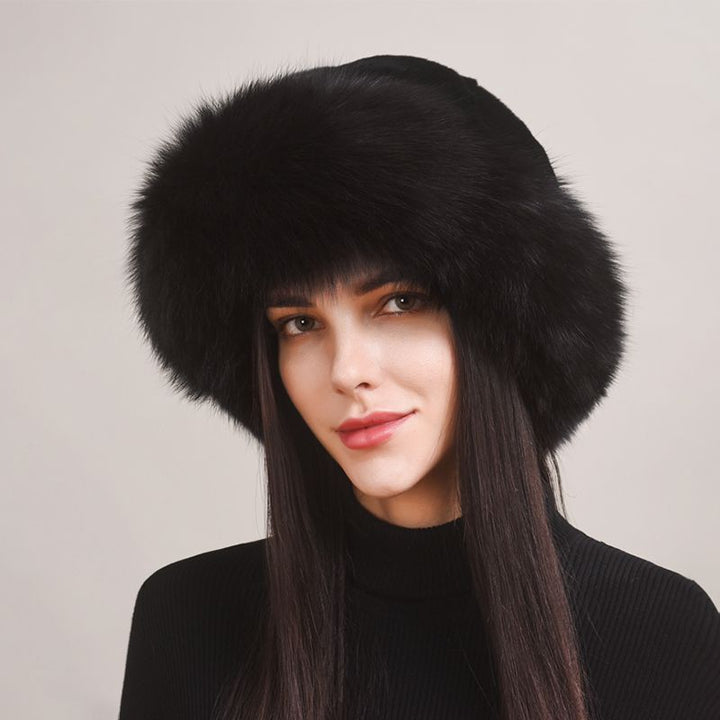 Rabbit Fur Hat with Full Fox Fur Brim Soft Winter Cold Wheather Bucket Hat for Women