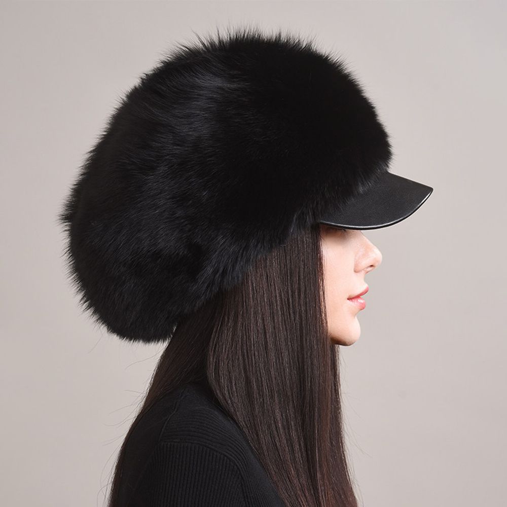 Luxury Real Fox Fur Hat with Leather Visor Elegant Winter Fur Cap for Women