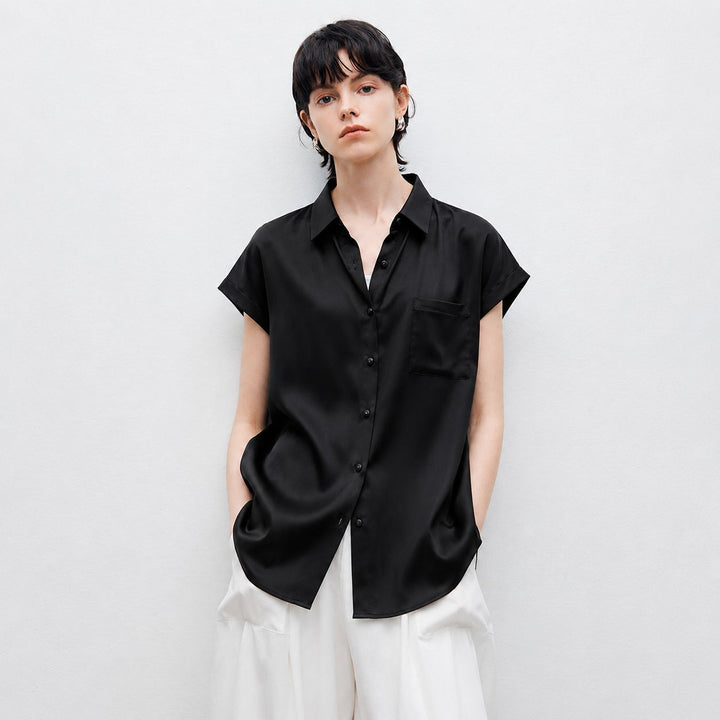 Relaxed Fit Luxury Mulberry Silk Cap Sleeve Shirt Blouse For Women