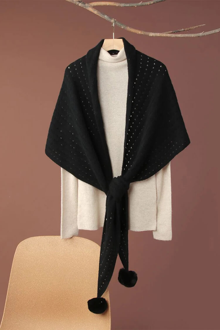 100% Pure Cashmere Pom-Pom Long Triangle Scarf Wrap