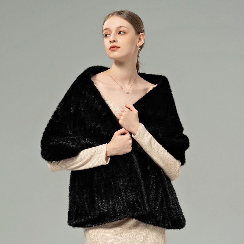 Women’s Real Mink Fur Shawl Genuine Knitted Mink Fur Wrap Stole Shoulder Cape
