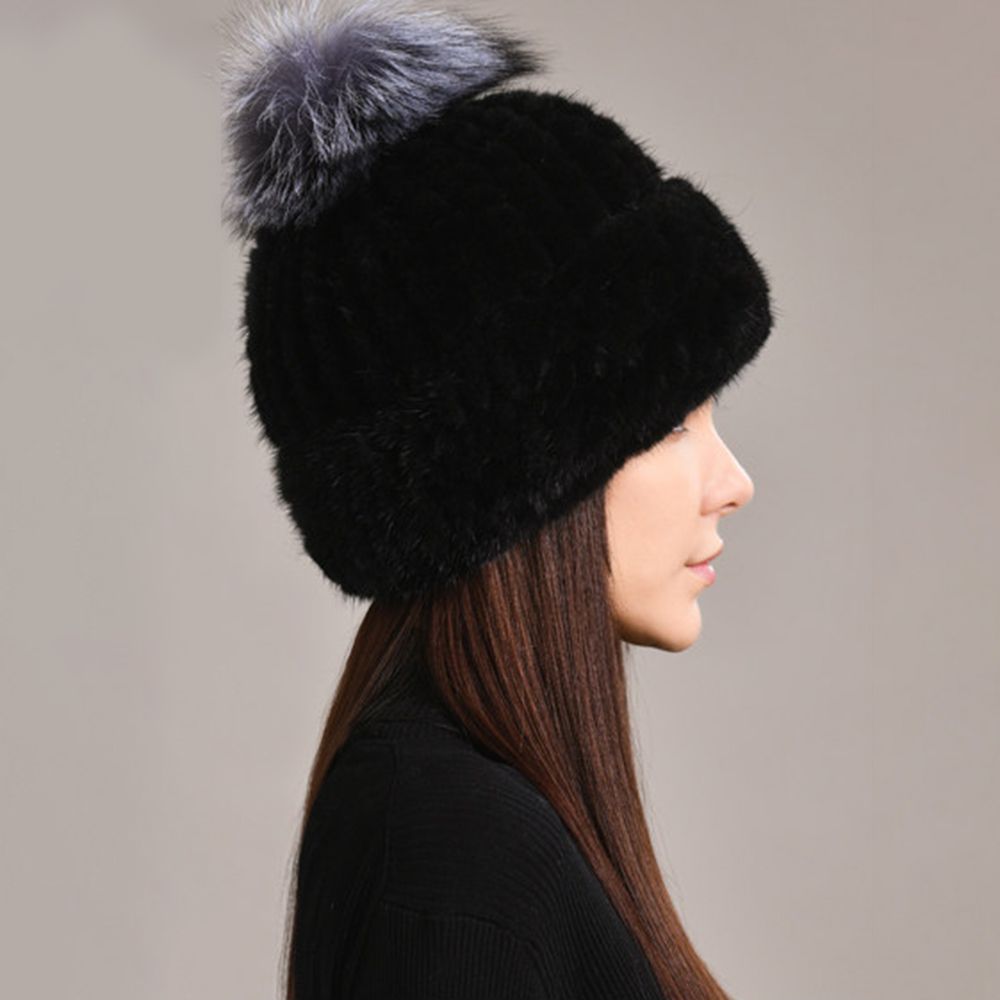 Luxury Real Mink Fur Beanie Hat with Fox Fur Pom-Pom Elegant Winter Knitted Hat for Women