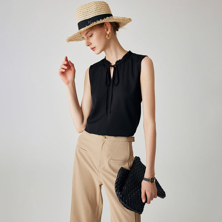 22 Momme Women’s Stand Collar Sleeveless Tie-Neck Silk Shirt