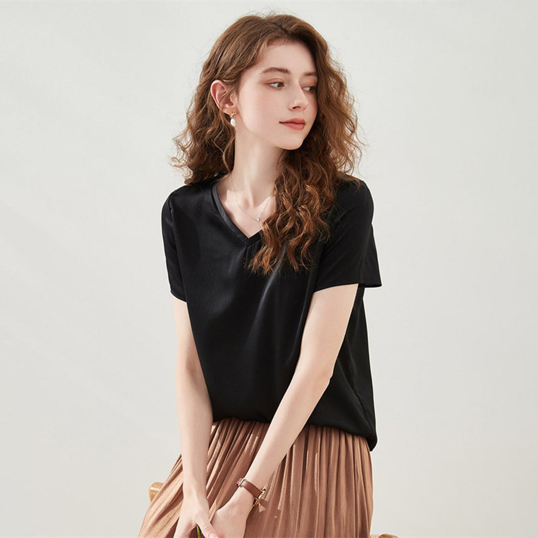 22 Momme Basic V-Neck Pure Mulberry Silk Short Sleeve T-Shirt